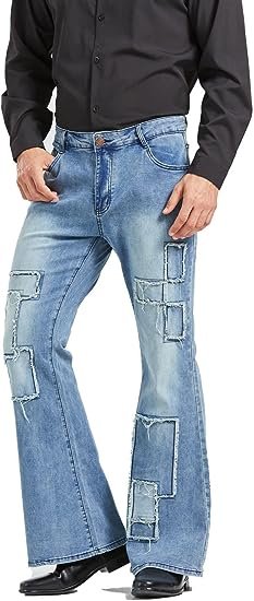 Men's Vintage Flared Leg Denim Jeans Classic Patchwork Bell Bottom Denim Pants