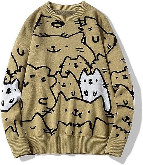 Autumn Cotton Anime Sweaters Men Vintage  Streetwear Cute Cat Cartoon Pullover Men Clothing
