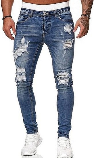 Men's Blue Slim Fit Jeans Stretch Destroyed Ripped Skinny