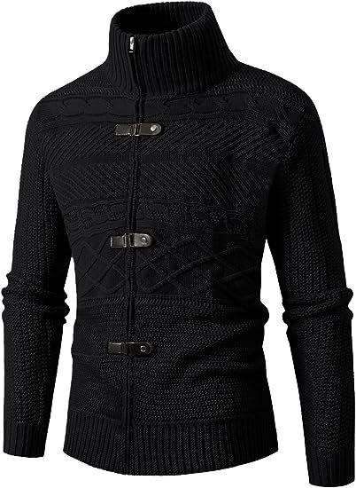 Men's Cable Knitted Oplique Zip Button Front Long Sleeve Cardigan Sweater